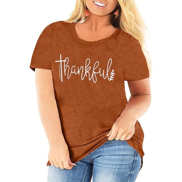 Plus Size Thanksgiving T-Shirt Women Thankful Letter Print Short Sleeve Casual - Picture 2 of 6